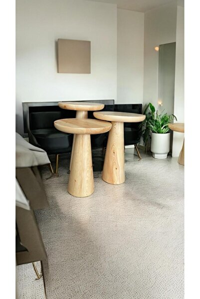 Simillo Home&Living Wood Ahşap 3’lü Set Fitilli Mantar Yan Sehpa Konik Model / Naturel Renk / Zigon Sehpa Vernikli