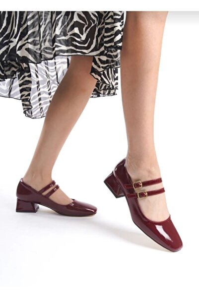 BAY ARMEDON Claret Red Patent Leather Mary Jane - Closed Back, Double-Strapped Square Toe Cap Short Block Heeled Women's Shoes