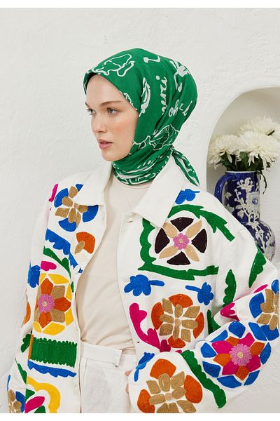 Fresh Green Cotton Voile Scarf - Summer Vibes Pattern