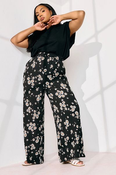 Stil Diva Plus Size Elastic Waist Pocket Daisy Patterned Trousers 310139