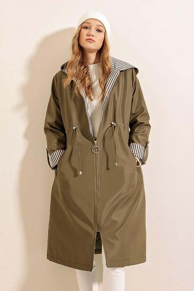 Aymood 9091 Gathered Waist Hooded Trench Coat - Khaki