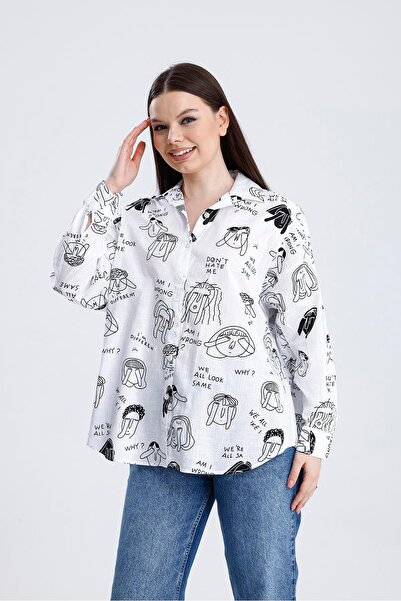 Miss Murem Gümüş Baskılı Gömlek-SİYAH BEYAZ