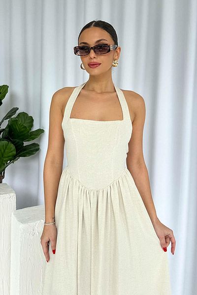 Mine Tan Butik Rochie Midi Bej De Damă Guler Pătrat In