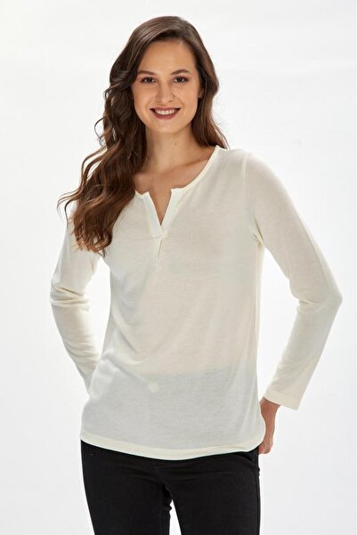 İKİLER Yuvarlak Yakalı Mini Patlı Uzun Kol Bluz 234-1007