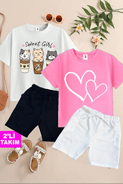 twins tailors Σετ για κορίτσια με στάμπα Cat and Heart 2 τμχ Καλοκαιρινά μπλο...