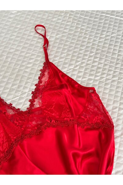 El Major Large Size Red Satin Lace Detailed Short Nightgown