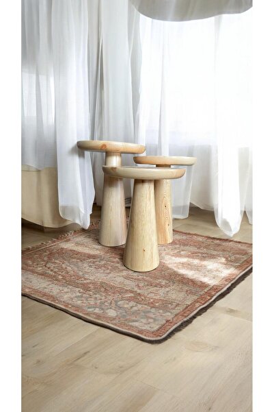 Simillo Home&Living Wood Ahşap 3’lü Set Fitilli Mantar Yan Sehpa Konik Model / Naturel Renk / Zigon Sehpa Vernikli