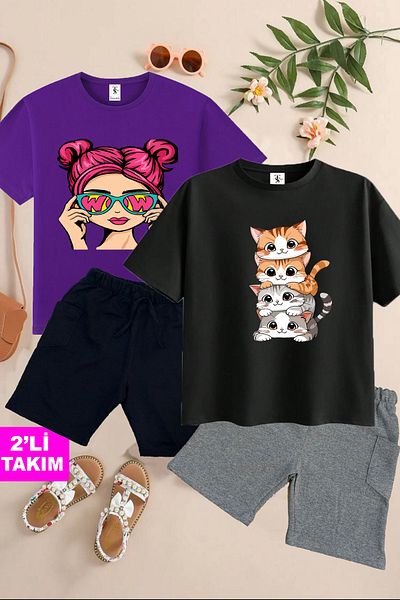 twins tailors Cat and Girl Printed 2 Pieces Summer T-Shirt-Shorts Children's Set