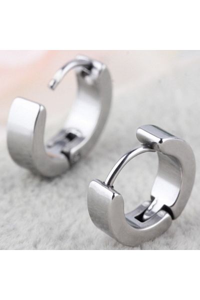 Takı Dükkanı Pair of Men's Steel Earrings 3mm Glossy Thin Flat Hoop