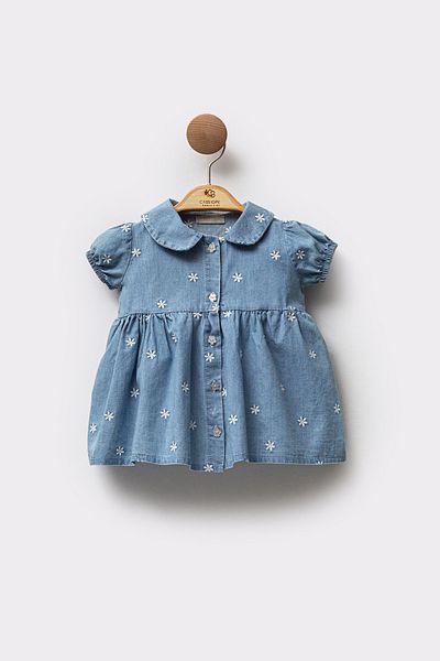 Cassiope Blue Denim Floral Embroidered Short Sleeve Front Buttoned Collar Detailed Eid Summer Baby Girl Dress
