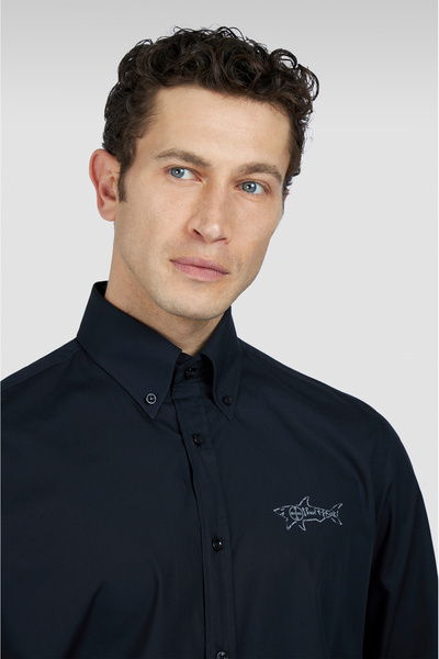 PAUL&SHARK Erkek Dar Kesim Sırtta Shark Baskılı Pamuklu Uzun Kollu Siyah Gömlek 25413517-011