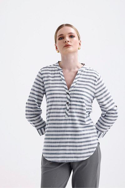Miss Murem Striped Half Placket Cute Shirt-Thick Gray Stripes