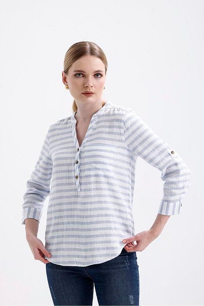 Miss Murem Striped Half Placket Cute Shirt - Light Blue