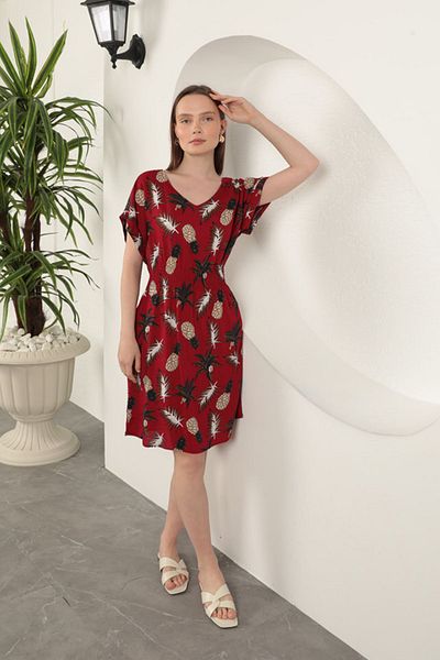 Moka Shopin Mokashopin Viscose Pineapple Patterned Dress-Red