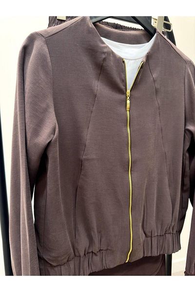 Maldia Shop Zippered Women's Jacket and Pantalon Bottom-Top Coffee Set