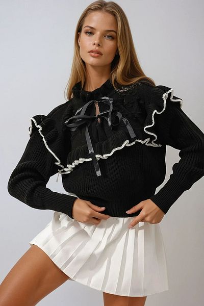 VAGGON Pulover de damă cu guler negru cu șireturi Thessaloniki tricotat Vgn-x9792