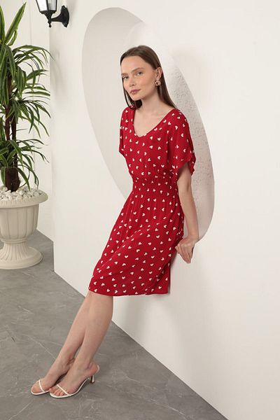 Moka Shopin Mokashopin Viscose Fabric Heart Patterned Dress-Red