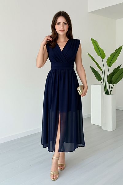 MODAVERA Women's Padded Chiffon Sleeveless Double Breasted Neckline Slit Detail Stylish Midi Dress