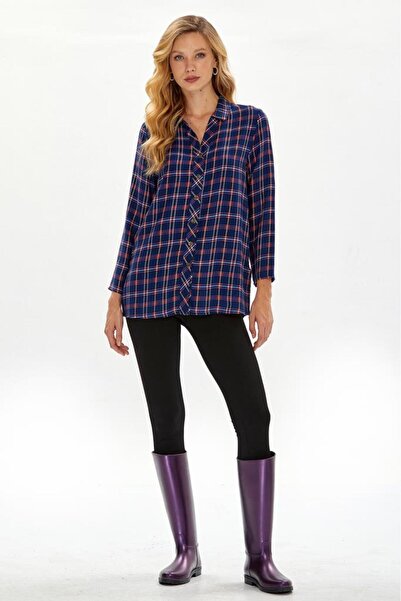 İKİLER Ekose Desenli Eteği Yırtmaçlı Gömlek 234-3007