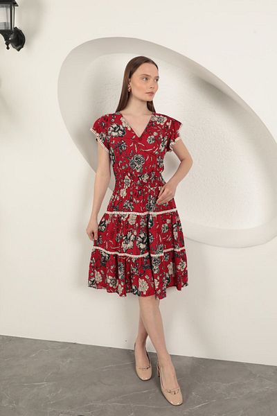 Moka Shopin Viscose Floral Patterned Dress-Red