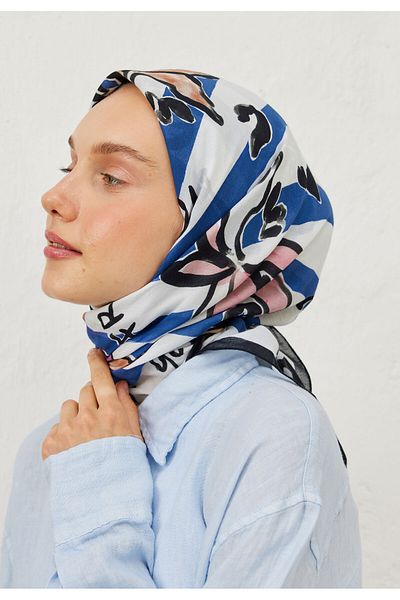 Fresh Blue Lemonade Patterned Cotton Scarf