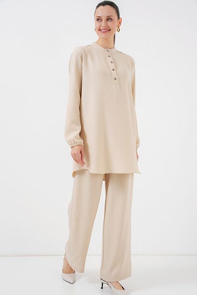 Bigdart Beige Leinen Tunika und Hose Zwei Stück Set 6678