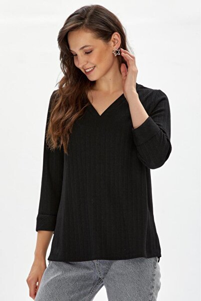 İKİLER V Yaka Duble Kol Yırtmaçlı Bluz 234-1712