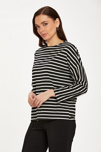 İKİLER Yuvarlak Yaka Çizgili Uzun Kol Bluz 234-1704