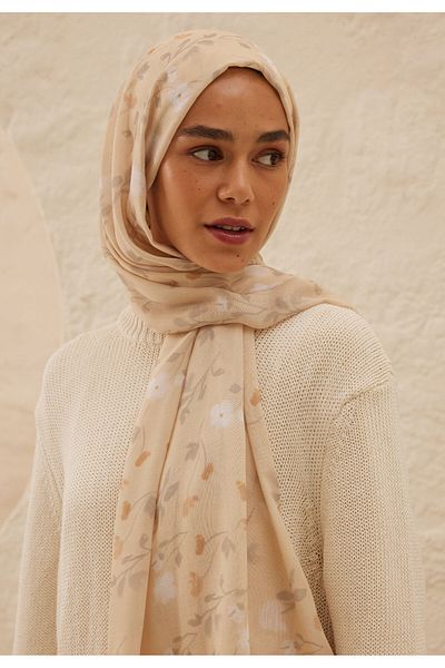 Fresh Soft Flowers Patterned Ram Shawl - Nude