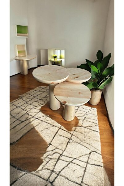 Simillo Home&Living Wood Ahşap 3’lü Set Fitilli Mantar Yan Sehpa Konik Model / Naturel Renk / Zigon Sehpa Vernikli