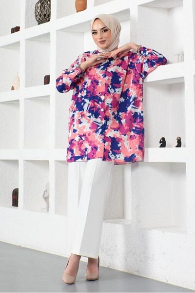 giyze Patterned Hijab Shirt Fuchsia 8890