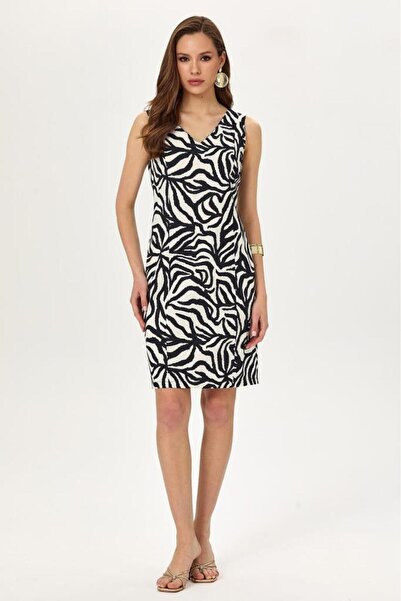 İKİLER V Yaka Kolsuz Desenli Elbise 025-4027