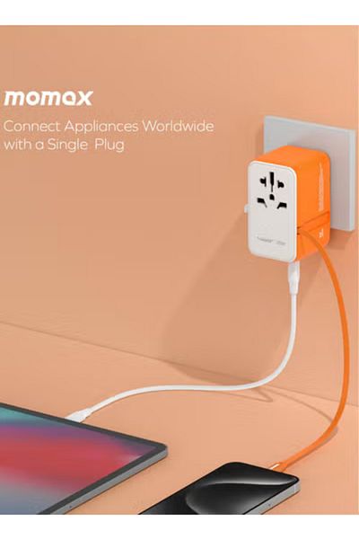 Momax UA20 1-World 25W GaN 3 Ports + Multi Plug Adapter USB-C / USB-A with USB-C Cable - Orange