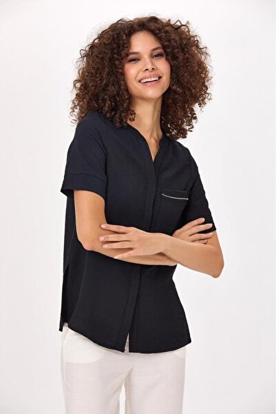 İKİLER Judge Collar Front Placket Pocket Detailed Blouse 025-3001