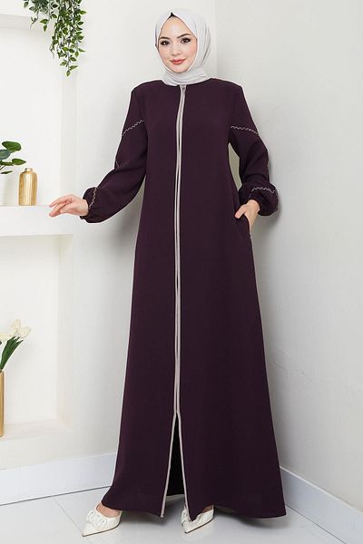 hafsamina Sleeves Embroidered Ferace Plum Hm2721