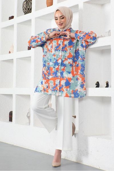 giyze Patterned Hijab Shirt Orange 8890