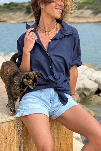 Güneşkızı Italian Navy Blue 3/4 Sleeve Epaulette Linen Loose Woven Shirt 72 58