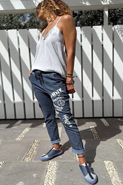 Güneşkızı Italian Navy Blue Pocket Washed Printed Elastic Waist Narrow Leg Lycra Woven Trousers 96 60