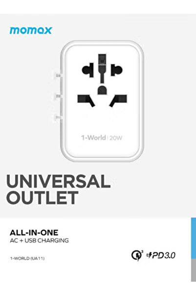 Momax UA11 1-World 20W 3 Ports + AC Travel Adapter Multi Volt 100-250V USB-C / USB-A - White