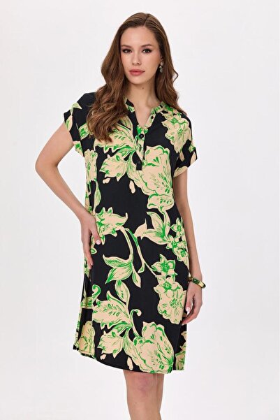 İKİLER Hakim Yaka Duble Kol Desenli Elbise 025-4005