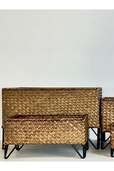 Bahçem Rectangular Decorative Multi-Purpose Bamboo Wicker Basket Set of 4 with Wrought Iron Metal Legs