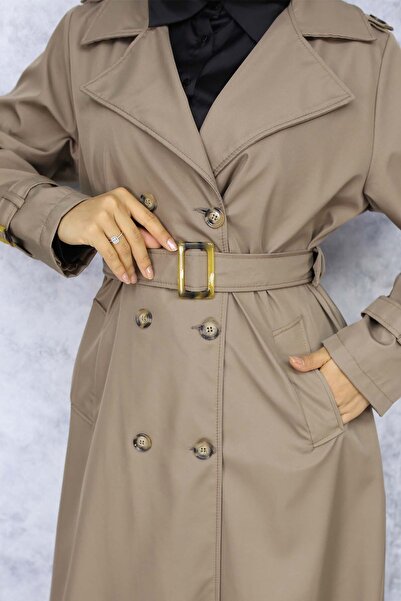 giyze Kuşaklı Tesettür Trençkot Vizon 4951