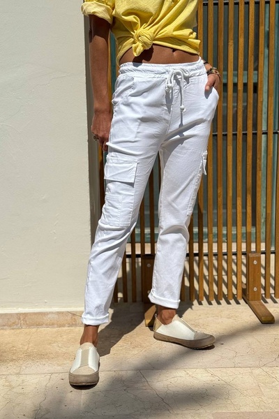 Güneşkızı Italian White Pocket Washed Elastic and Tie Waist Narrow Leg Lycra Woven Trousers 95 60