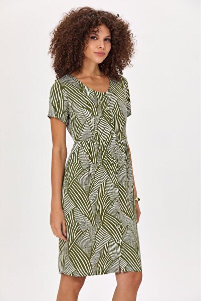 İKİLER Önü Düğmeli Kısa Kol Desenli Elbise 025-4012