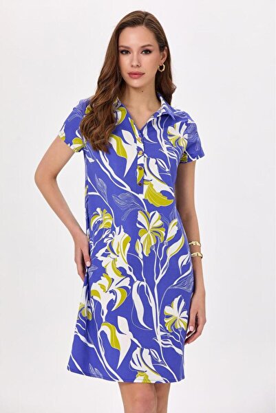 İKİLER Polo Yaka Önü Çıtçıtlı Desenli Elbise 025-4028