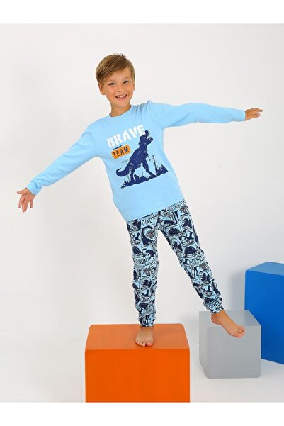 Little Miny Kids Minykids Dinosaur Pattern Dark Blue 100% Cotton Boy's Pajama Set