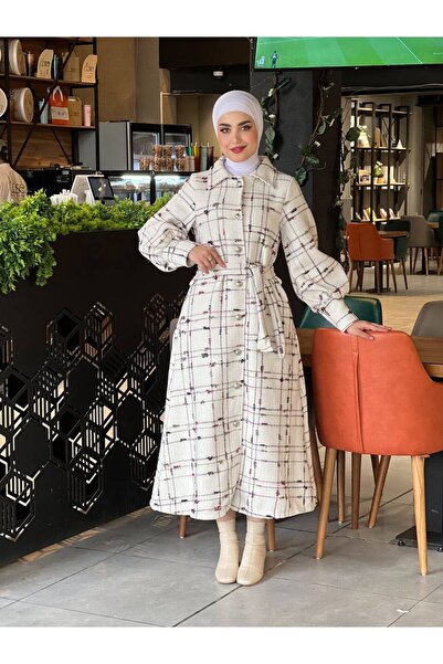 Esre Store 4449 - Color Detailed Hijab Coat White - Purple