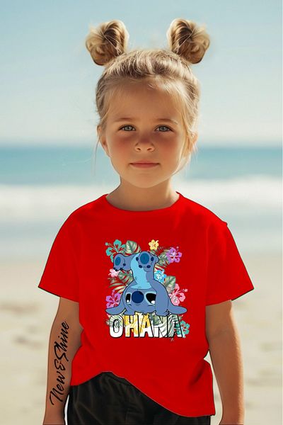 New Shine In Cart 6 or More Purchases Get 1 T-Shirt as a Gift - Ohana Stitch Printed Oversize Children's T-Shirt