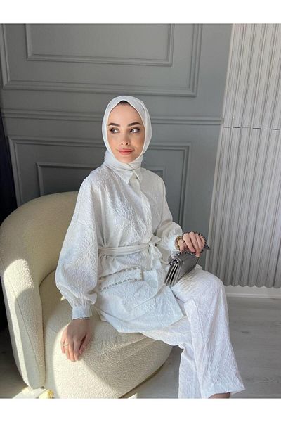 comstar طقم علوي نسائي من قماش الجاكار بحزام الخصر وجيب حجري سفلي
