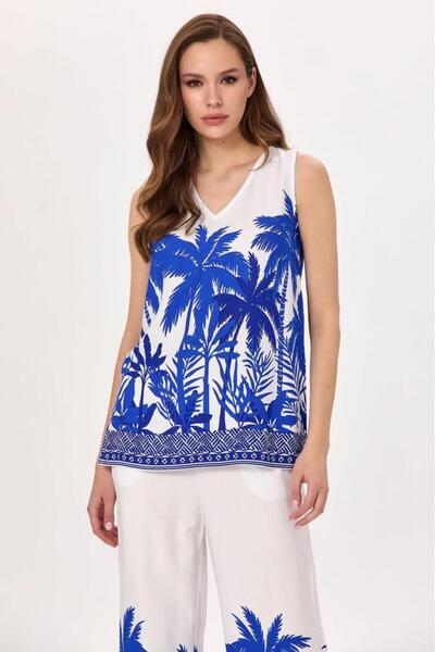 İKİLER V-Neck Sleeveless Patterned Blouse 025-3005